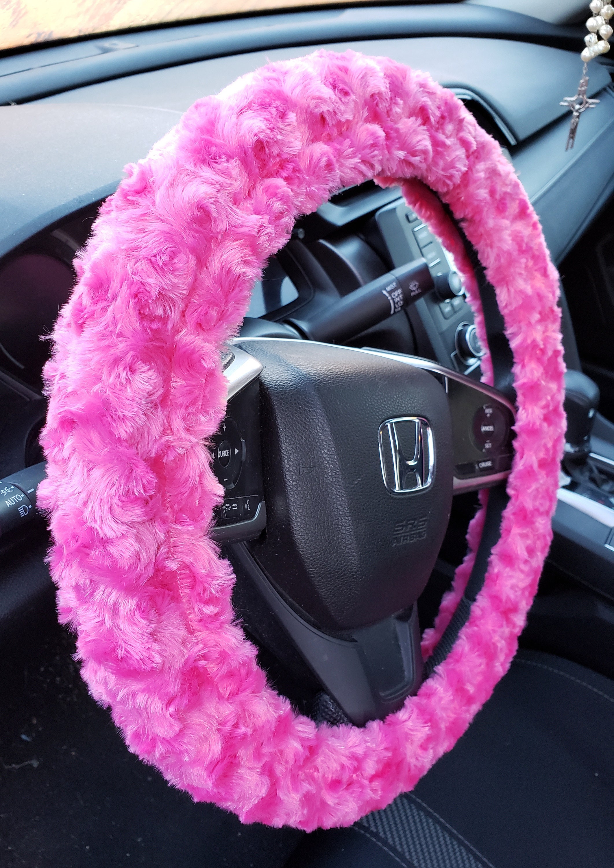 Hot Pink Minky Plush Rosette Soft Faux Fur Steering Wheel Cover