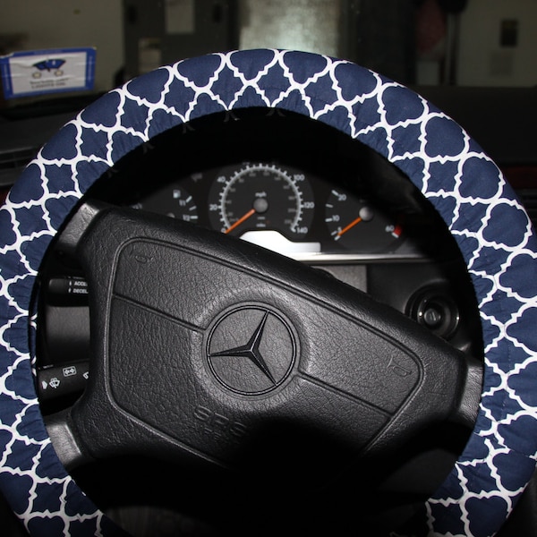 Navy Blue and White Cover Wheel , Steering Wheel Cover .Classic Cover Wheel .Navy Quatrefoil Wheel cover .