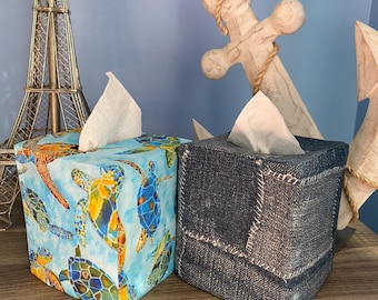 Turtle Tissue Box Covers.Square Tissue box cover.Blue Patchwork Tissue Box Cover.Beach Tissue Box Cover.Coastal Tissue Box Cover. Jean Cover