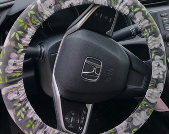 Charcoal/Grey with baby Panda steering wheel cover / dark  grey and Silver wheel cover/ Animal print cover/ wheel cover for women's .