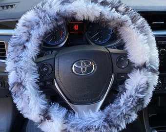 Black and White Fluffy Shaggy Faux Fur Steering Wheel Cover -Faux Fur Steering Wheel Cover -Women Car Accessories -Soft Steering Wheel Cover