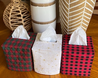 Cotton Tissue Box Cover. Square Tissue box cover. Tissue Box Cover. Fabric Tissue Cover. Christmas Theme. Plaid. Stars. Buffalo