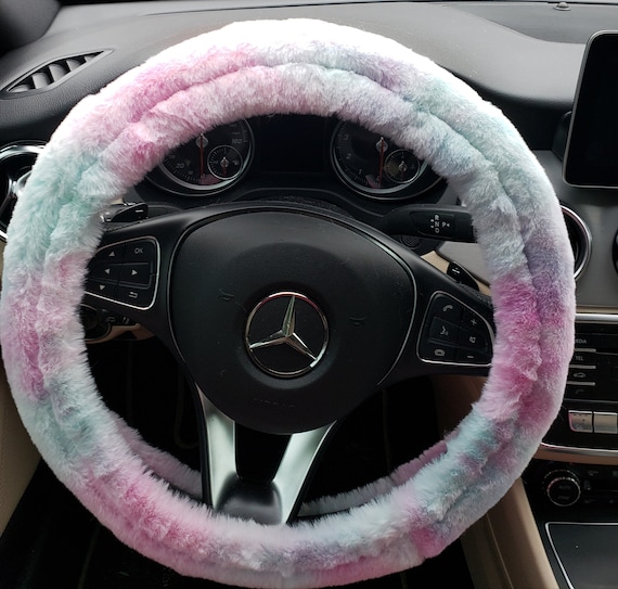 Pink and Blue Tie Dye Plush Fabric Steering Wheel Cover Car Accessories Women Car Accessories Gift for Women Soft Fun and Plush