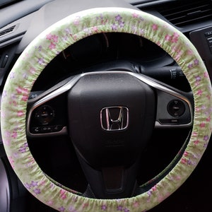 Light Green with Small Pink and Purple Flowers Steering Wheel Cover - Woman Car Accessories - Car Warming Gift - Holiday Gift