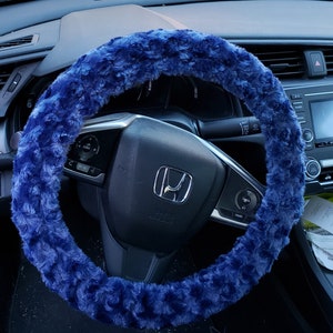 Dark/Royal Blue Minky Plush Rosette Soft Faux Fur Steering Wheel Cover - Women Car Accessories - Holiday Gift Idea- Car Warming Gift- Unique