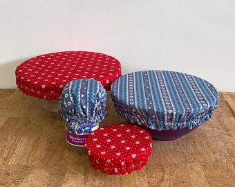 Vintage Country Calico Folk Print Fabric Bowl Covers / Reusable Fabric Bowl Cover / Mason Jar Cover / Sourdough Starter & Proofing Cover