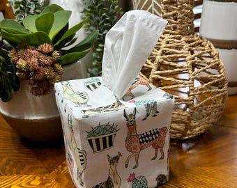 Canvas Tissue Box Cover. Square Tissue box cover. Tissue Box Cover.Fabric Tissue Cover. Desert Theme Tissue Box Cover.Llama Tissue Box Cover