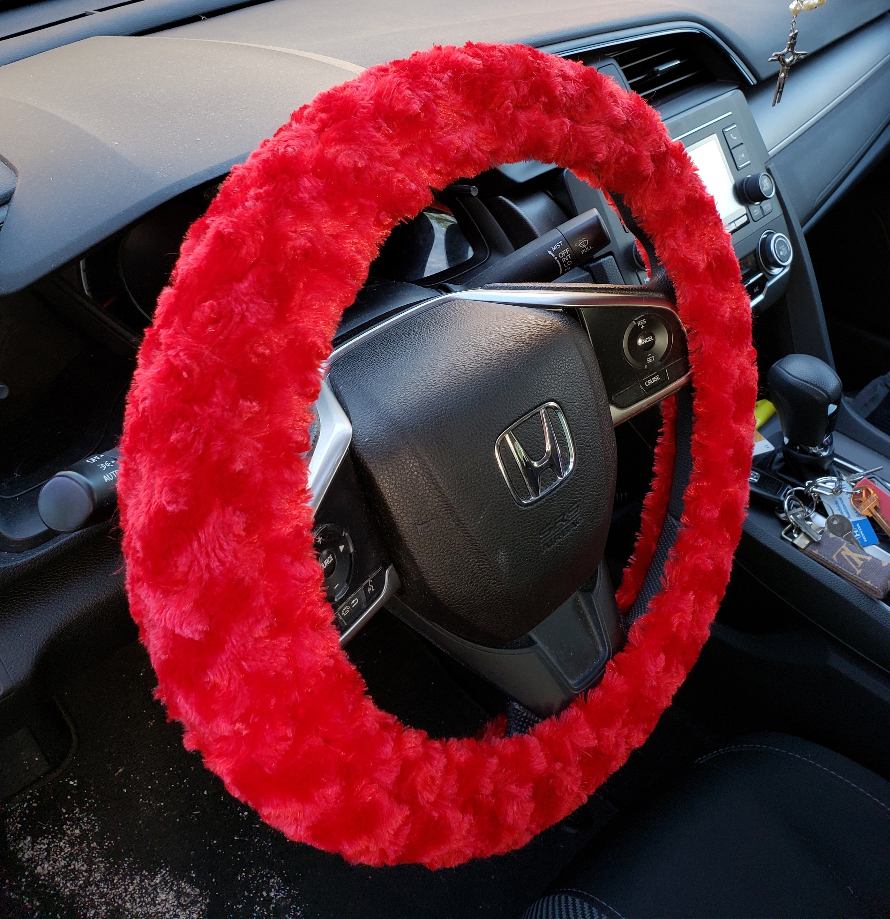 Red Minky Rosette Soft Faux Fur Steering Wheel Cover Women Car Accessories  Holiday Gift Idea Car Warming Gift 