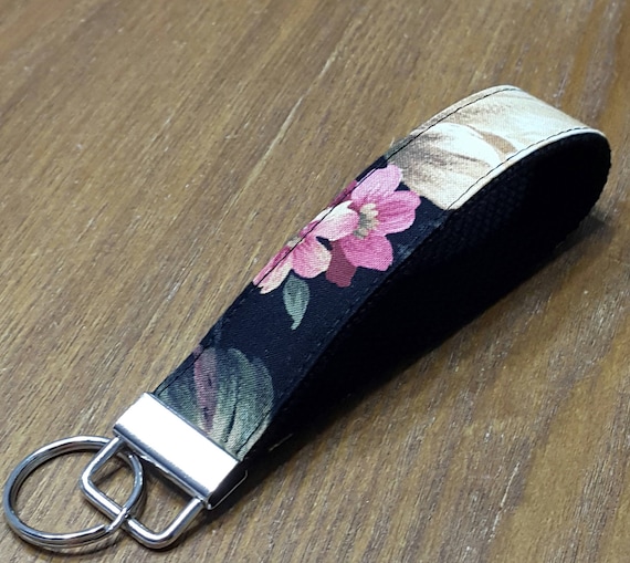Vintage Floral Key Fob / Key Wristlet / Black Floral key chain /Hostess gift idea/ Gift under 10 .