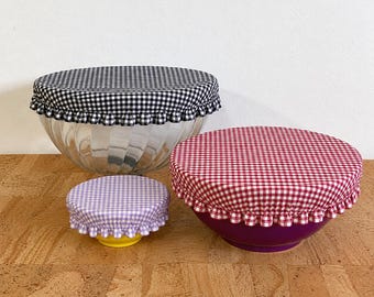 Mini Gingham Print Fabric Bowl Covers / Reusable Fabric Bowl Cover / Mason Jar Cover /Sourdough Starter & Proofing Cover