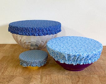 Blue Calico and Ditsy Floral Print Fabric Bowl Covers / Reusable Fabric Bowl Cover / Mason Jar Cover /Sourdough Starter & Proofing Cover