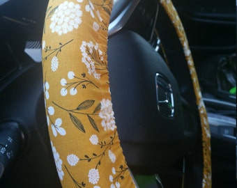 Mustard floral steering wheel cover/ vintage floral /orange  white flowers/  Lucky Charms / Coral wheel cover/ matching keychain available .