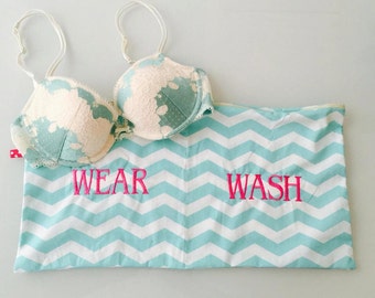 Travel personalized Lingerie bag - embroidery gab - Wear and Wash travel bag - chevron bag with fuchsia embroidery - Lingerie Laundry bag .