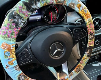 Garden Kitties Steering Wheel Cover - Multicat Garden Print - Women Car Accessories - Handmade - Gift Idea - Cat Steering Wheel Cover