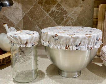 Reusable Fabric Bowl Cover / Mason Jar Cover / Lined Elastic Food Storage Wrap / Sourdough Starter & Proofing Covers / Farmhouse Chickens