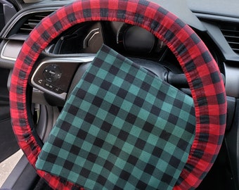 Steering Wheel Cover In Medium Checkers - Red and Black or Green and Black - Holiday Gift Idea