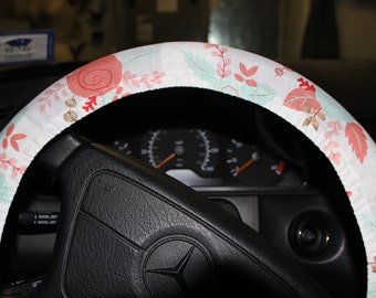 SALE) Floral Steering wheel cover - Mint and Coral Floral wheel cover -Hostess gift idea - Soft and Neutral colors .