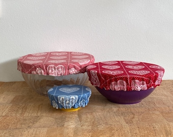 Reusable Fabric Bowl Cover / Mason Jar Cover / Elastic Food Storage Wrap / Scandinavian Heart & Butterfly Fabric Bowl Cover Red Blue Pink