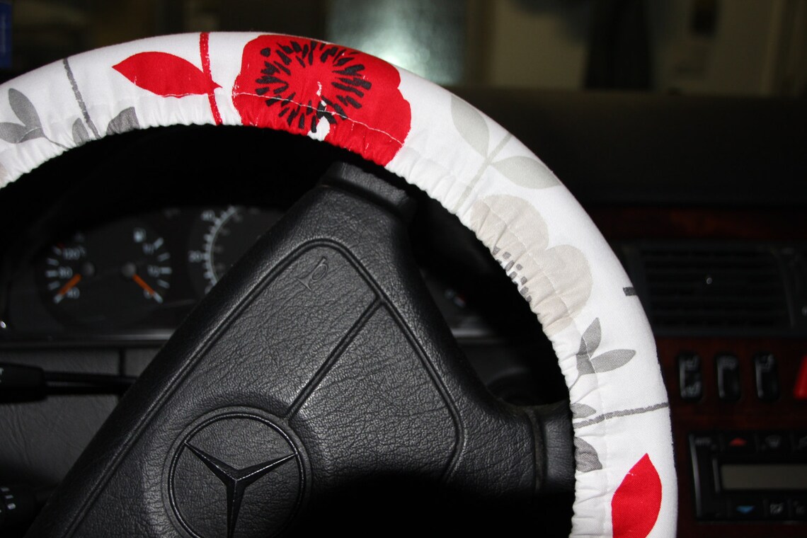 SALE Floral Steering Wheel Cover/ White With Red and Black Etsy