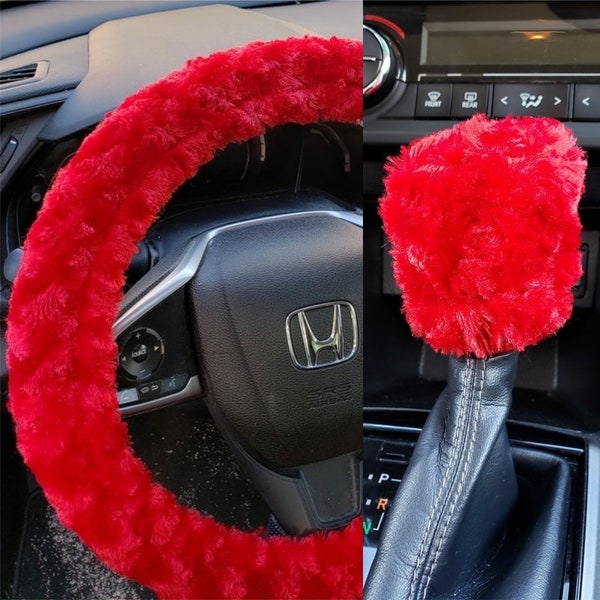 Red Minky Rosette Soft Faux Fur Steering Wheel Cover - Women Car Accessories - Holiday Gift Idea - Car Warming Gift