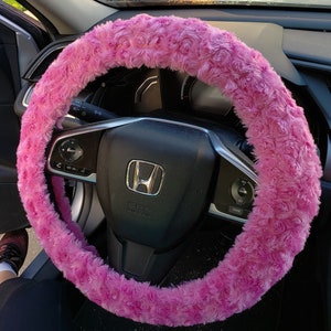 Pink Rosette Fuzzy Soft Faux Fur Steering Wheel Cover Women Car Accessories  Holiday Gift Idea Car Warming Gift 