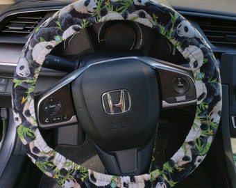 Panda Steering Wheel Cover -Black and White cover - Girls Wheel Cover - Black Background with Panda and Blue Birds - Women Car Accessories