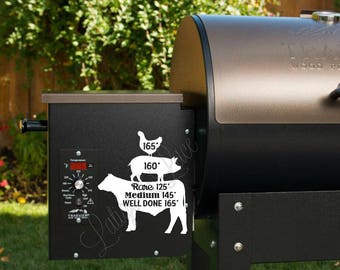 BBQ Grill Temperature Decal - Beef, Pork, Poultry. Cow, Pig, Chicken. Great for Traeger, Green Mountain Grill, Yoder, Mac Grills, Etc. ANGUS