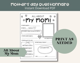 Cuestionario imprimible del Día de la Madre, recuerdo, Todo sobre mi mamá, preescolar, guardería, niño pequeño, regalo, niños pequeños,