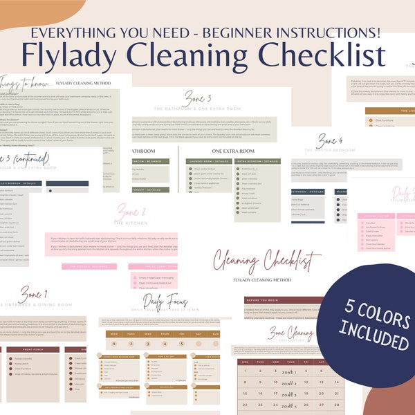 FlyLady Cleaning Method Checklists / 11 pages / With Instructions / 5 colors included / Daily Routines / Zone Cleaning / Home / Declutter