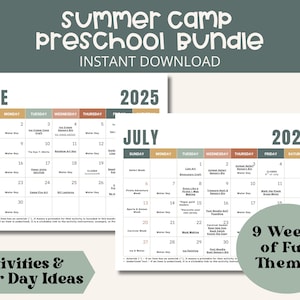 Peut inclure: Calendrier imprimable du pack de maternelle de camp d'été pour 2025, avec juin et juillet. Le calendrier comprend des activités et des idées de journées aquatiques, avec 9 semaines de thèmes amusants. Le design est dans une palette de couleurs neutres.