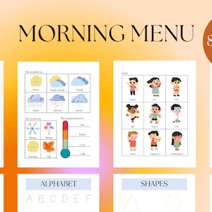 MENÚ DE LA MAÑANA PREESCOLAR / educación en el hogar, prejardín, preparación para el jardín de infantes, hora del círculo, montessori, guardería, actividad de canasta para la hora de la mañana, página imprimible