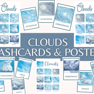 CLOUD TYPES Flashcards & Posters / Montessori / Educational / Daycare / Preschool / Home School / Weather / Printable / Watercolor / Science