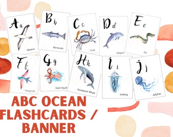 Animales del océano con agua y colores del alfabeto / Tarjetas didácticas / Pancarta / Aprendizaje Montessori / Educación en casa / Preescolar / Jardín de infantes / Alfabeto
