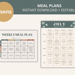 Op de afbeelding: Afdrukbare maaltijdplanner-sjabloon voor de maand juli. De sjabloon is verdeeld in vier weken, waarbij elke week vijf dagen heeft. Elke dag heeft ruimte voor ontbijt, lunch en diner. De sjabloon is versierd met bloemmotieven en de tekst "JULI MAALTIJDPLAN".
