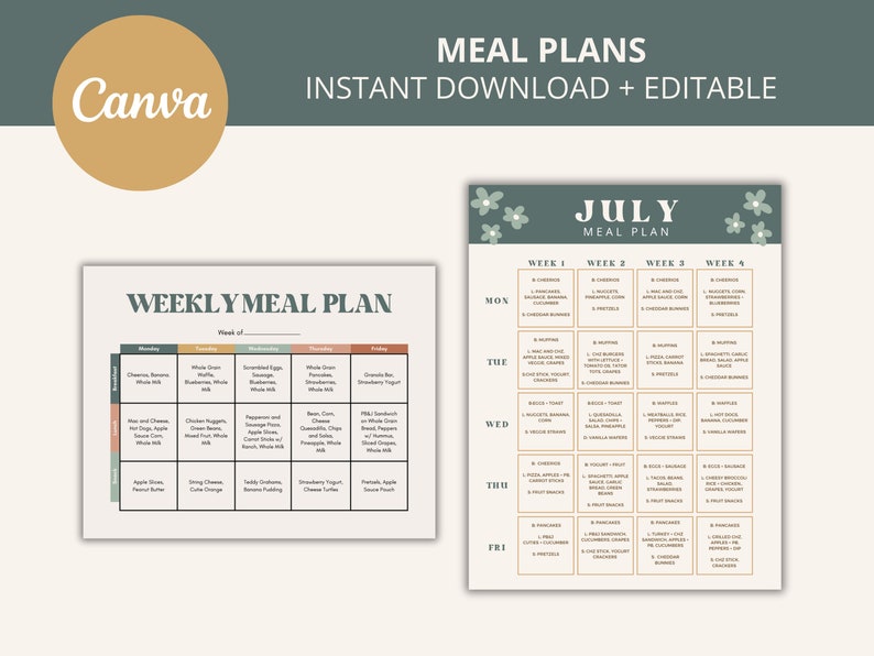 Op de afbeelding: Afdrukbare maaltijdplanner-sjabloon voor de maand juli. De sjabloon is verdeeld in vier weken, waarbij elke week vijf dagen heeft. Elke dag heeft ruimte voor ontbijt, lunch en diner. De sjabloon is versierd met bloemmotieven en de tekst "JULI MAALTIJDPLAN".