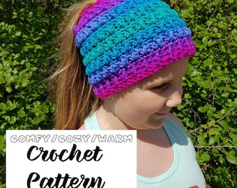 Permafrost Messy Bun Beanie - crochet pattern only - child and adult size