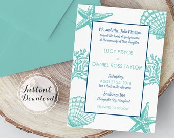 beach wedding invitation template etsy