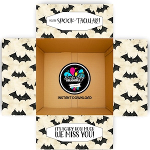 May include: An open cardboard box with a Halloween theme. The interior is plain, while the exterior features a repeating pattern of black bats on a cream background. Text includes "You're Spook-tacular!" and "It's Scary How Much We Miss You!"