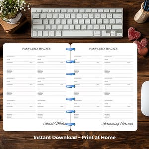 May include: Open password tracker notebook with blue binding, featuring sections for accounts, usernames, passwords, and security questions. The notebook is open on a wooden desk with a keyboard, mouse, and decorative items. Text at the bottom reads "Instant Download - Print at Home."