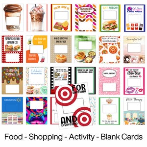 Puede incluir: Un conjunto de 16 tarjetas en blanco con ilustraciones coloridas y texto relacionado con la comida, las compras y las actividades. Las tarjetas est&aacute;n dise&ntilde;adas para ser utilizadas como tarjetas de regalo o para otros fines creativos.