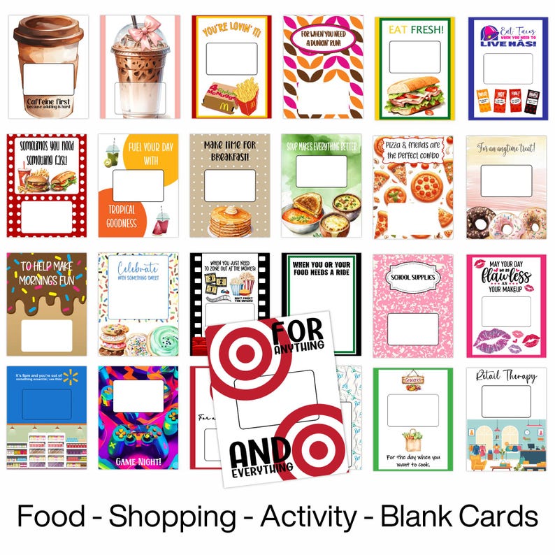 Puede incluir: Un conjunto de 16 tarjetas en blanco con ilustraciones coloridas y texto relacionado con la comida, las compras y las actividades. Las tarjetas est&aacute;n dise&ntilde;adas para ser utilizadas como tarjetas de regalo o para otros fines creativos.