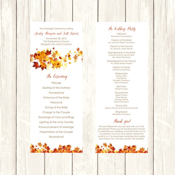 Fall Wedding Program Template Panel Style Swirling Leaves Etsy