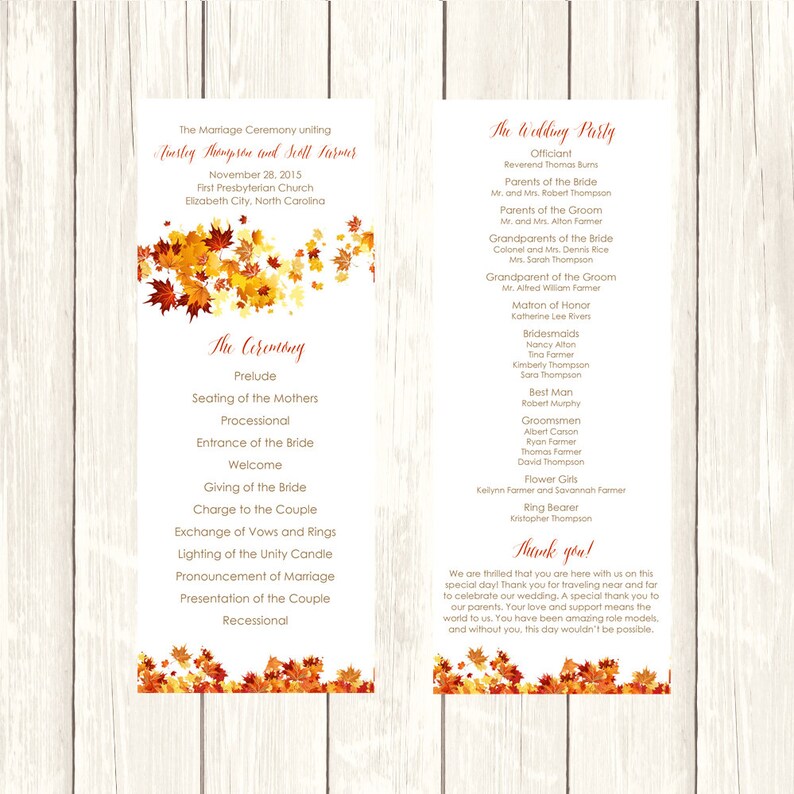 Fall Wedding Program Template Panel Style Swirling Leaves Etsy