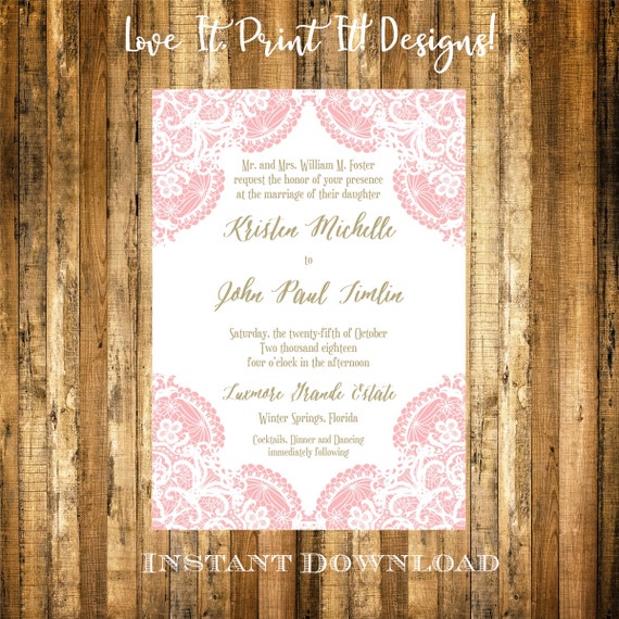 Lace Wedding Invitation Diy Template Vintage Lace Peony Pink Etsy