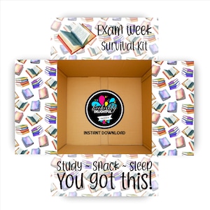 Op de afbeelding: Een open kartonnen doos met een kleurrijk logo en de tekst "Exam Week Survival Kit". De doos is versierd met aquarel illustraties van boeken. Tekst onderaan luidt "Study ~ Snack ~ Sleep You got this!"