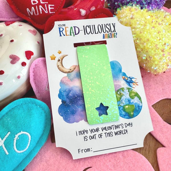 Valentine's Card: Outer Space Favor Card and Magnetic Bookmark | Class Favor
