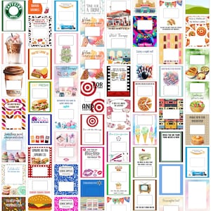 Puede incluir: Un conjunto de 36 soportes para tarjetas de regalo imprimibles con diversos dise&ntilde;os y temas coloridos. Los dise&ntilde;os incluyen una taza de caf&eacute;, una dona, una hamburguesa, una bolsa de compras, una bola de bolos, una rebanada de pizza, un par de conos de helado, una pila de panqueques, una brocha de maquillaje, un par de tijeras, una caja de &uacute;tiles escolares, un televisor y m&aacute;s. Los soportes est&aacute;n dise&ntilde;ados para ser impresos y recortados, y luego utilizados para guardar tarjetas de regalo para diversas ocasiones.