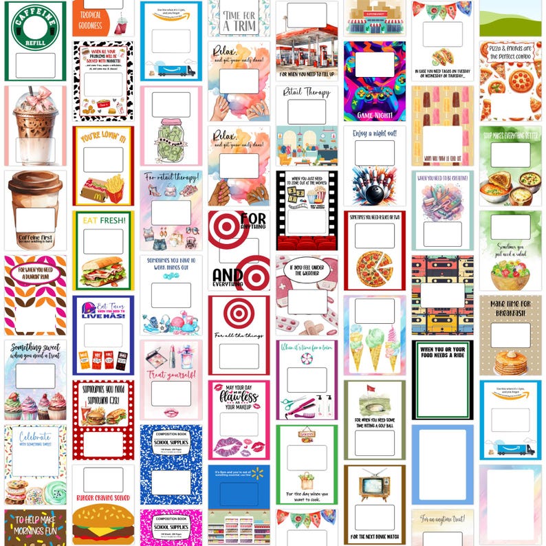 Puede incluir: Un conjunto de 36 soportes para tarjetas de regalo imprimibles con diversos dise&ntilde;os y temas coloridos. Los dise&ntilde;os incluyen una taza de caf&eacute;, una dona, una hamburguesa, una bolsa de compras, una bola de bolos, una rebanada de pizza, un par de conos de helado, una pila de panqueques, una brocha de maquillaje, un par de tijeras, una caja de &uacute;tiles escolares, un televisor y m&aacute;s. Los soportes est&aacute;n dise&ntilde;ados para ser impresos y recortados, y luego utilizados para guardar tarjetas de regalo para diversas ocasiones.