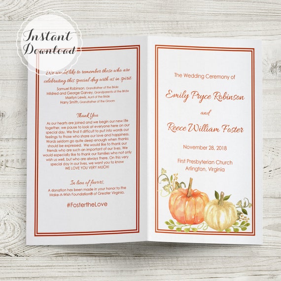 Fall Wedding Program Template Instant Download Harvest Etsy