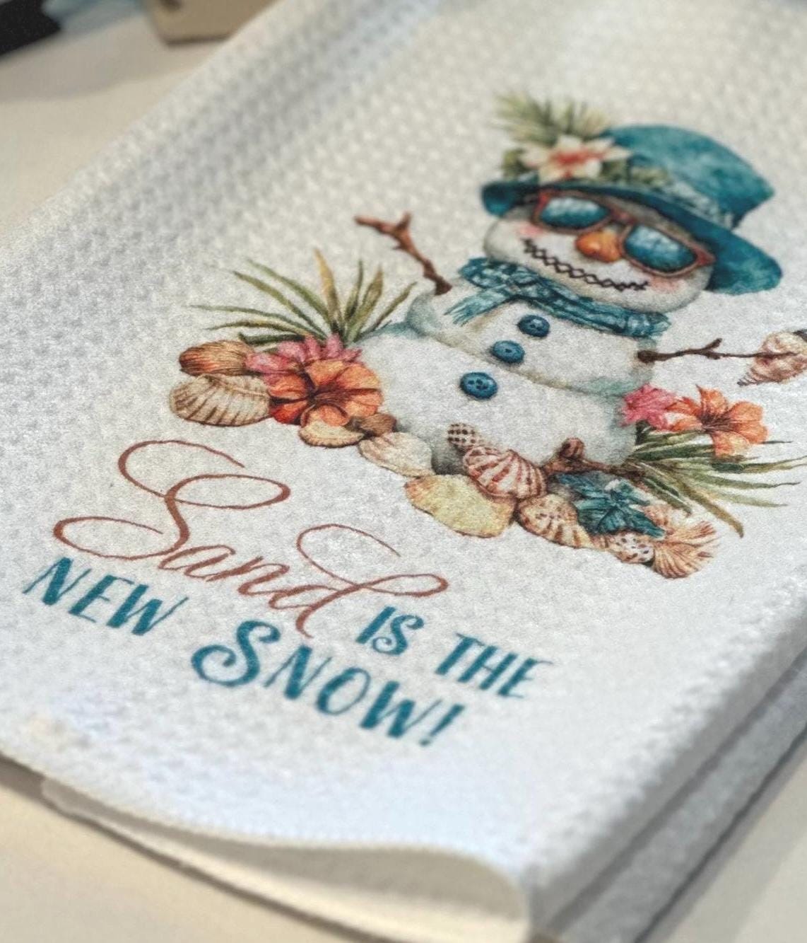 Coastal Snowman Kitchen Towel | Beachy Hand Towel | Coastal Decor Tea Towel | Beachy Snowman | Custom Towel | Hostess Gift | Gift for Her